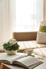 Cozy Living Room with Coffee, Book and African Violet on Table