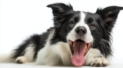 A Border Collie resting on the ground with its tongue out in a playful pant