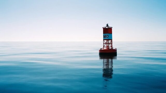 Red navigation buoy in tranquil blue ocean scene under bright sky