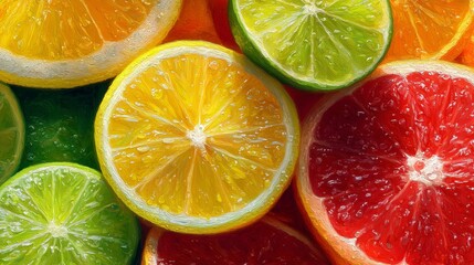 A vibrant, close-up view of whole and sliced citrus fruits