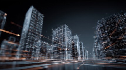 A futuristic cityscape is represented by glowing lines and points of data