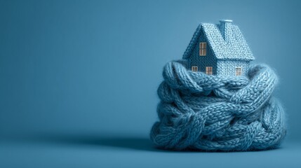 Cozy house wrapped in a scarf on a blue background with copy space