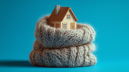 A charming illustration of a house made to look cozy by being wrapped in a knitted scarf, set against a simple blue background