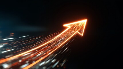 Glowing orange arrow moving up on dark background, business concept