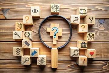 Wooden blocks with question mark and magnifying glass, symbolizing problem solving and critical thinking