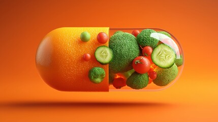 A pill capsule is filled with a variety of fresh fruits and vegetables