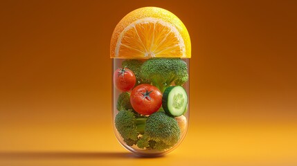 Fresh fruits and vegetables in a pill