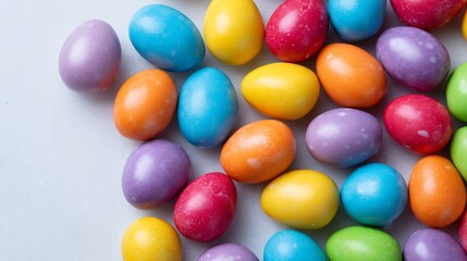 Obraz premium Vibrant Easter egg candies in a pile on a soft white surface