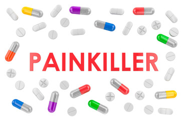 Painkiller concept with capsules and tablets. 3D rendering