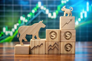 Wooden bull and bear figures on blocks, symbolizing stock market trends and financial investment strategies