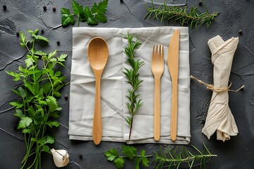 Table setting with herbs.