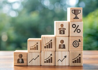 Wooden blocks with business and finance icons arranged as a staircase for growth and success concept