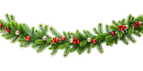 Christmas Garland with Red and Gold Ornaments and Green Fir Branches decoration festive isolated on a transparent background