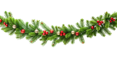Christmas Garland with Red and Gold Ornaments and Green Fir Branches decoration festive isolated on a transparent background