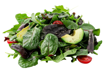 Fresh garden salad with vibrant greens and slices of avocado served on a white background isolated on transparent background