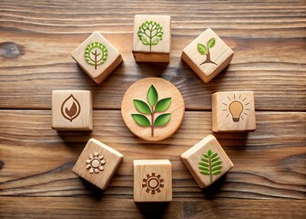 Wooden blocks arranged in a circle with green leaf icons on a wooden table against a wooden background