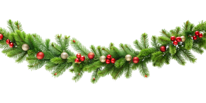 Christmas Garland with Red and Gold Ornaments and Green Fir Branches decoration festive isolated on a transparent background - Powered by Adobe