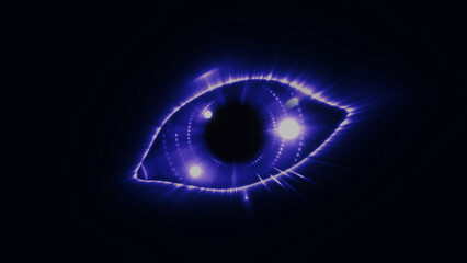 Glowing eye, robot eye, biometric recognition concept, technology, computer vision and security