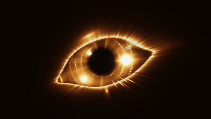 Glowing eye, robot eye, biometric recognition concept, technology, computer vision and security
