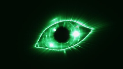 Glowing eye, robot eye, biometric recognition concept, technology, computer vision and security