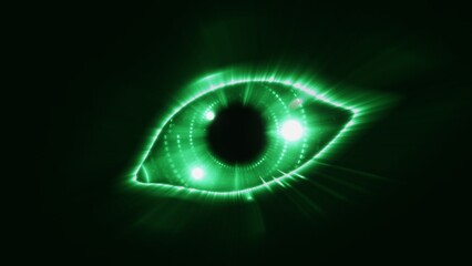 Glowing eye, robot eye, biometric recognition concept, technology, computer vision and security