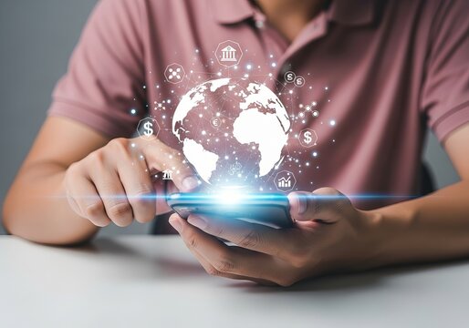 A young man engages with a smartphone, illustrating digital connectivity and global finance concepts.