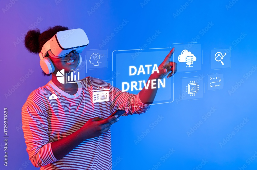 Fototapete a user explores virtual reality technology to obtain data-driven analytics insights. the vibrant blu