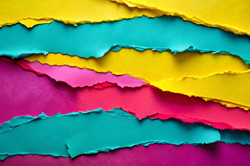 Colorful abstract background created by torn layers of textured paper in bright yellow, teal, pink, and purple hues