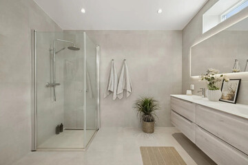 Modern bathroom interior in minimal scandinavian style, 3d render