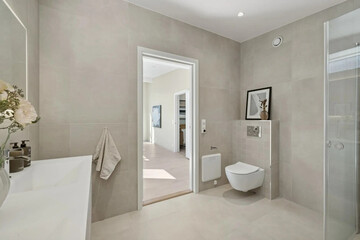 Modern bathroom interior in minimal scandinavian style, 3d render