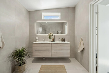 Modern bathroom interior in minimal scandinavian style, 3d render
