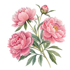 Pink peonies with greenery watercolor illustration, isolated on black background