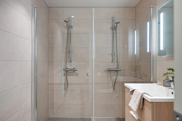 Modern bathroom interior in minimal scandinavian style, 3d render