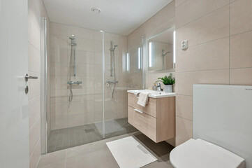 Modern bathroom interior in minimal scandinavian style, 3d render