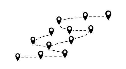 Illustration of a complex travel itinerary or logistics route with multiple waypoints marked by location pins on a winding path