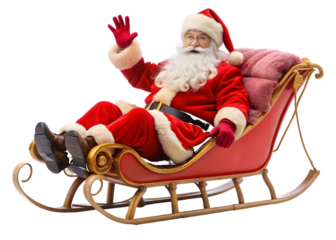 Santa Claus in a red sleigh with fluffy pink seat cushions waving hello Christmas isolated on a transparent background