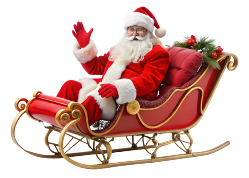 Santa Claus in a red and gold sleigh waving with red gloves and green sprigs Christmas isolated on a transparent background