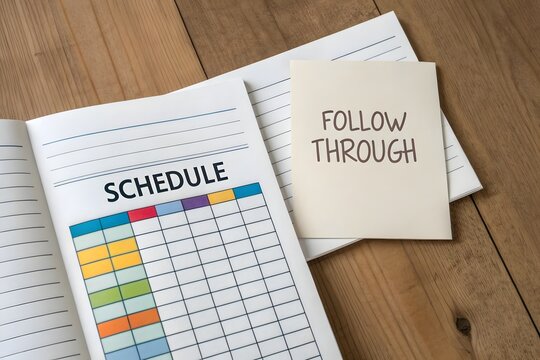 Overhead view of a study schedule and a follow through note