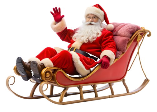 Santa Claus in a red sleigh with fluffy pink seat cushions waving hello Christmas isolated on a transparent background