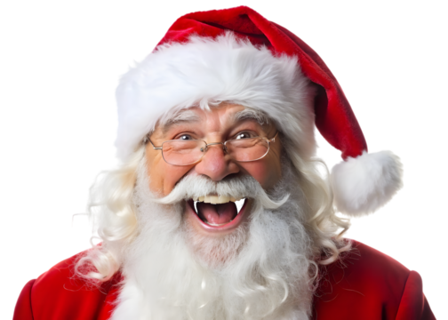 Excited Santa Claus with glasses and a big laugh Christmas isolated on a transparent background