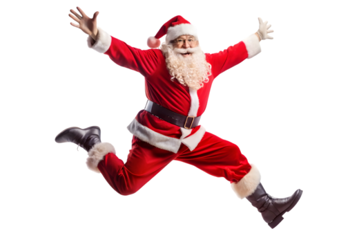 Energetic Santa Claus leaping with arms raised Christmas festive isolated on a transparent background