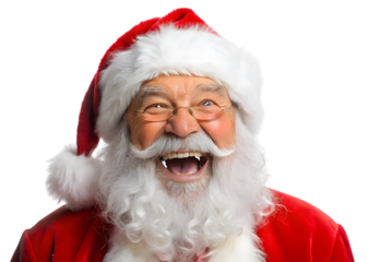 Close-up of a laughing Santa Claus with glasses Christmas joyful isolated on a transparent background