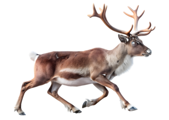 Reindeer running with large antlers caribou animal isolated on a transparent background