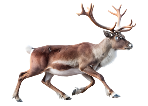 Reindeer running with large antlers caribou animal isolated on a transparent background