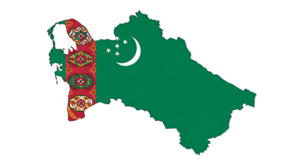 Map of turkmenistan with the turkmen flag isolated on transparent background this vector illustration represents the geographical shape of turkmenistan filled with the national flag colors, ideal for 