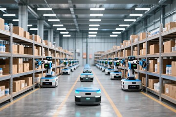 A fleet of innovative autonomous robots is efficiently managing the inventory within a spacious warehouse environment