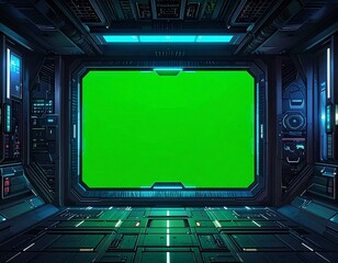 Futuristic spaceship cockpit with a large green screen for visual effects and sci-fi scenes