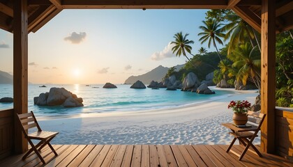 Obraz premium Escape to paradise with this stunning beach view from a cozy wooden veranda at sunrise for vacation bliss and tropical relaxation