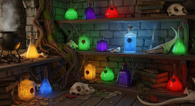 Magical Potion Bottles Displayed on Wooden Shelves.