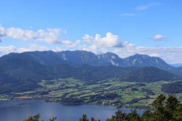 Idyllic panorama of mointain Lake Traunsee in Gmunden Austria
